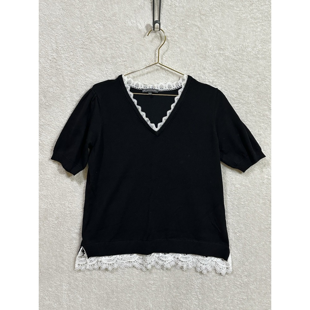 Adrianna Papell Black Sweater Large Crochet Lace Collar and Around Bottom